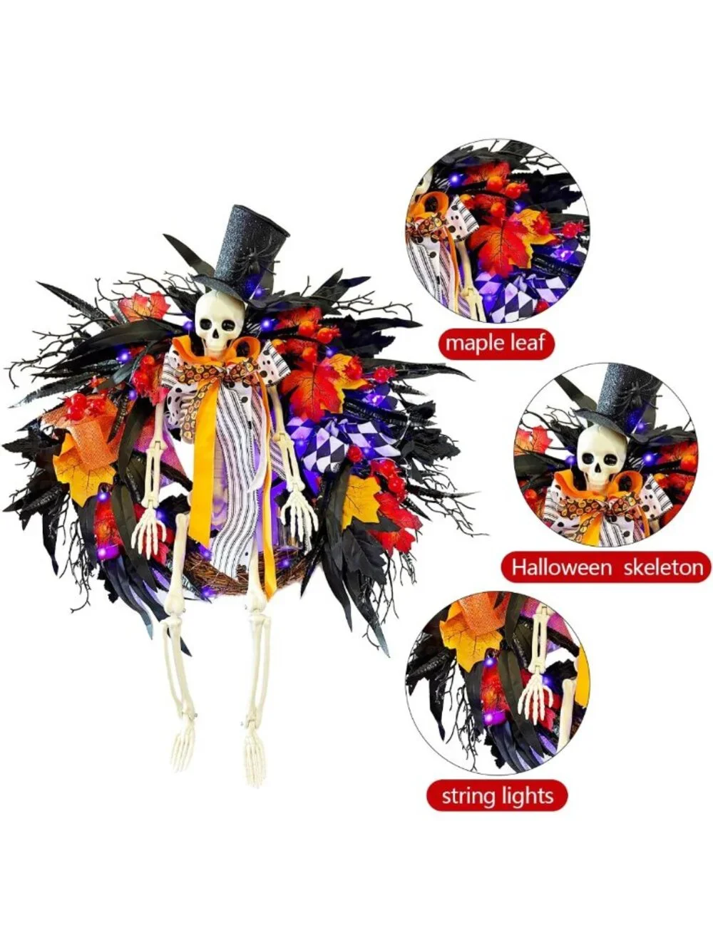 28-Inch Lighted Halloween Skeleton Wreath | Gothic Dark Aesthetic Door Decor